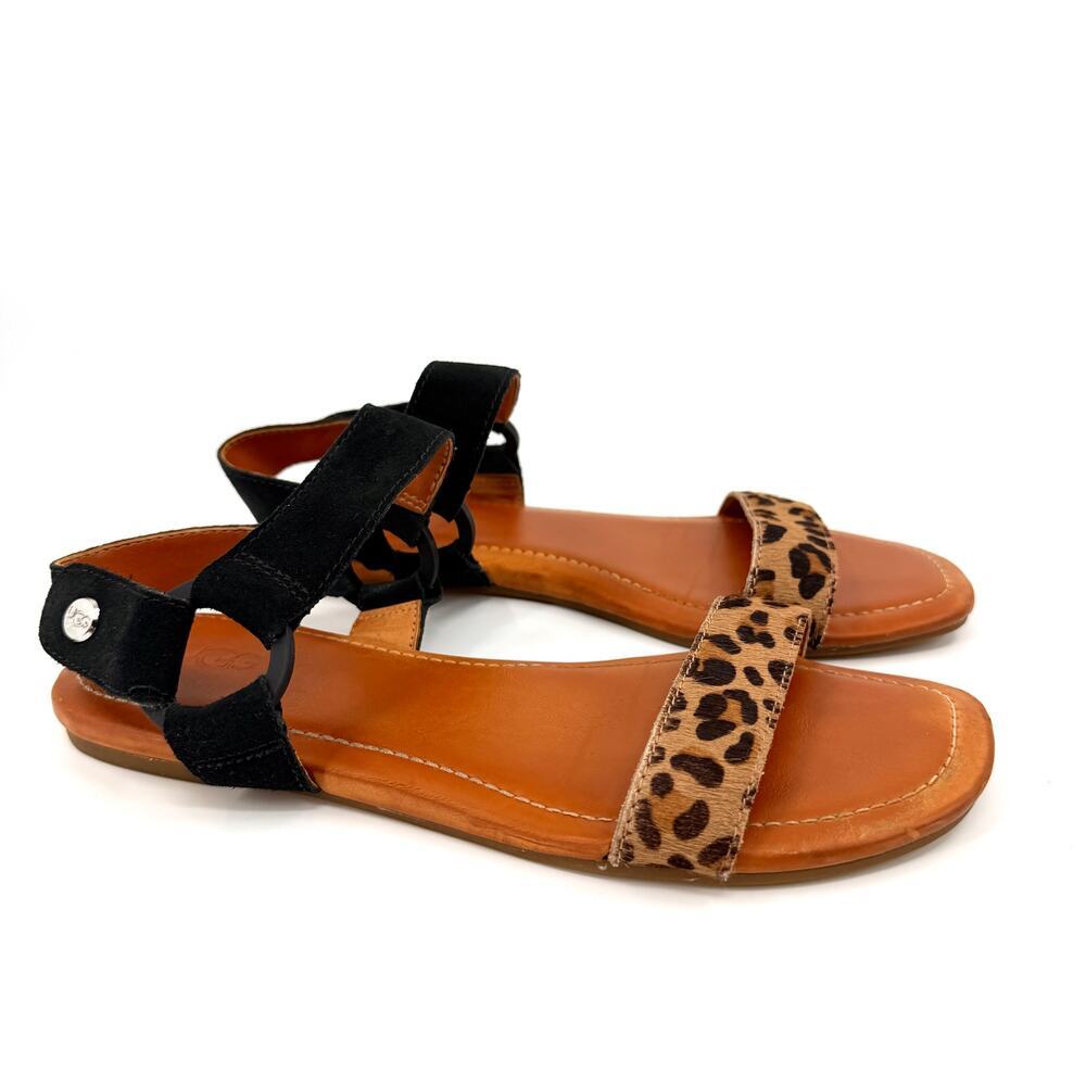 UGG Black Leopard Calf Hair Leather Strappy Sandals